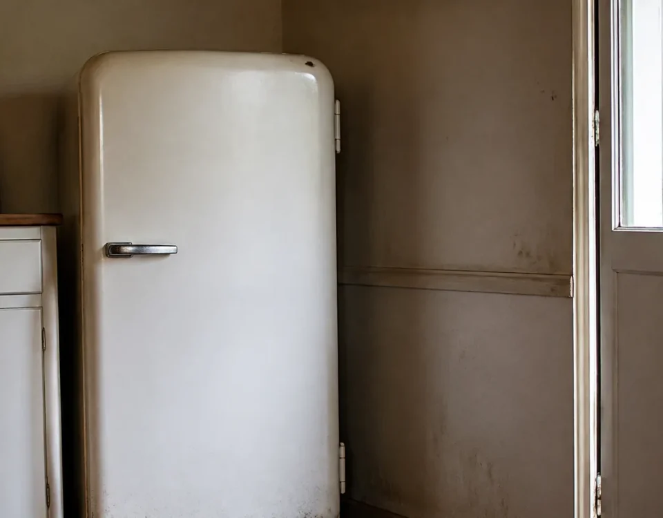 Vieux refrigerateur blanc colle contre un mur de cuisine