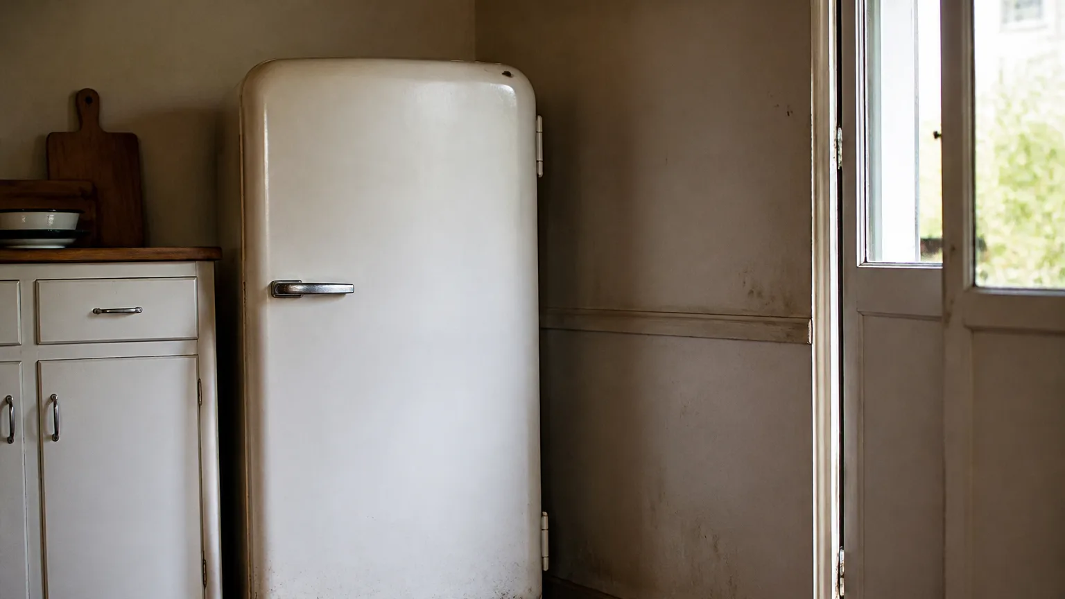Vieux refrigerateur blanc colle contre un mur de cuisine