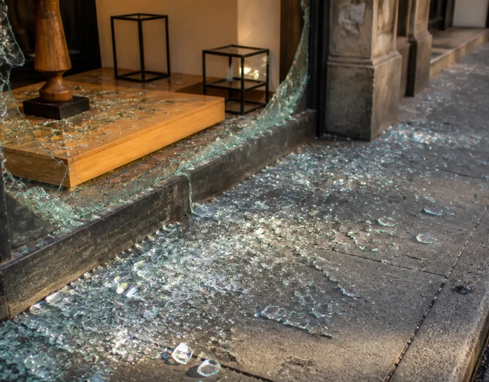 Vitrine de magasin brisee, verre disperse sur le trottoir