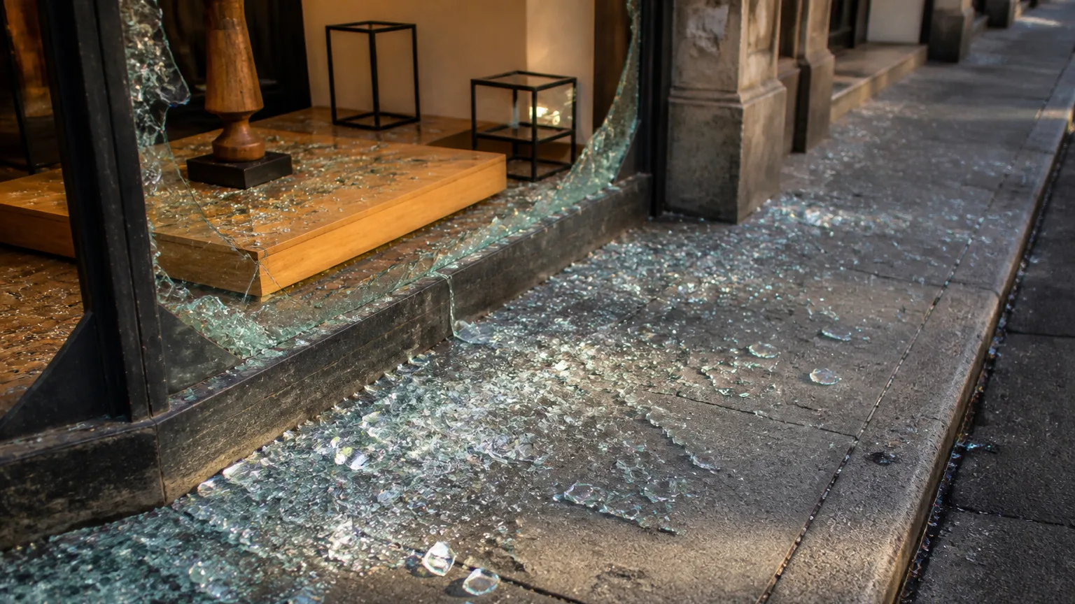 Vitrine de magasin brisee, verre disperse sur le trottoir